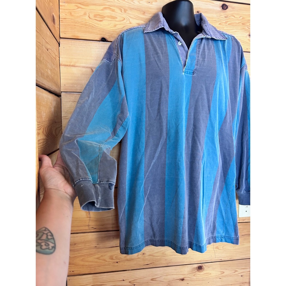 Vintage Rugby Shirt Mens Large Blue Striped Padded Compagnie Des Athletiques - Picture 4 of 9